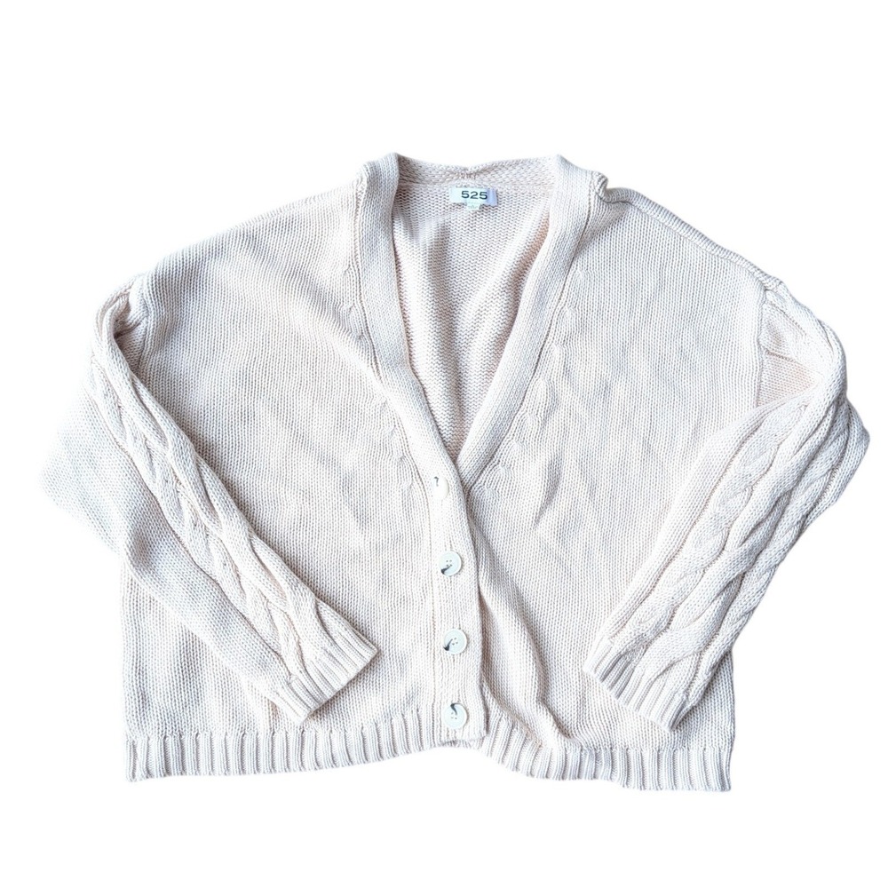525‎ Cable Knit Cotton V Neck Button Front Cardigan grandpa Sweater Cream Large